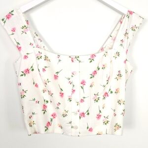 NWT Joie Linen White Floral Smocked Cropped Top Size M